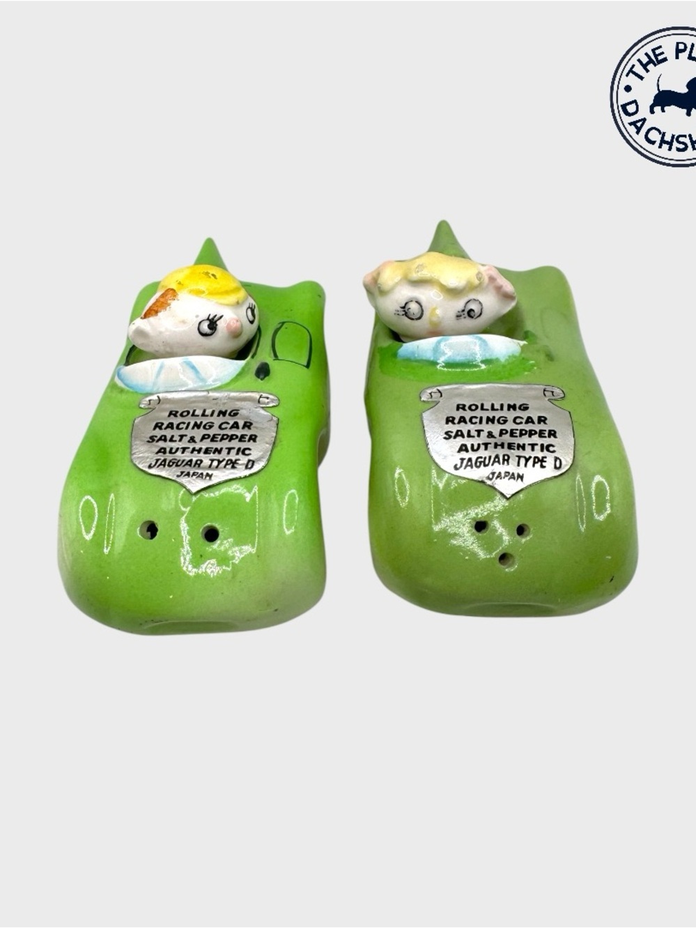 Vintage Green Ceramic Jaguar Racing Car Salt & Pepper Shakers